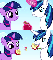 Size: 1280x1440 | Tagged: safe, artist:capnpea, edit, apple bloom, shining armor, twilight sparkle, g4, and that's how apple bloom was made, apple, filly, fimbriae, magical apple spawn, wat