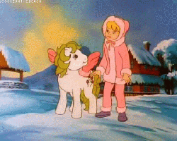 Size: 450x360 | Tagged: safe, screencap, megan williams, surprise, baby it's cold outside, g1, my little pony 'n friends, animated, cinemagraph, female, flapping, loop, mittens, wing bling, wing warmers, wings