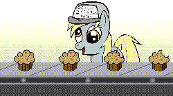 Size: 1280x720 | Tagged: dead source, safe, artist:animatorphoenix, artist:metalbluephoenix, derpy hooves, pegasus, pony, g4, animated, assembly line, dream job, eating, factory, female, hat, job, mare, muffin, solo, that pony sure does love muffins, this will end in weight gain, you're doing it wrong