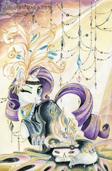 Size: 1031x1575 | Tagged: safe, alternate version, artist:sara richard, idw, official comic, opalescence, rarity, cat, pony, unicorn, g4, micro-series #3, my little pony micro-series, clothes, cover art, cute, dress, female, hat, horn, mare, matching outfits, one eye closed, raised hoof, smiling, solo focus, tail, textless, textless version, traditional art, wink