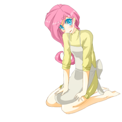 Size: 2500x2500 | Tagged: safe, artist:applestems, fluttershy, human, g4, barefoot, clothes, cute, feet, female, humanized, kneeling, looking at you, open mouth, simple background, sitting, smiling, solo, sweater, sweater dress, sweatershy