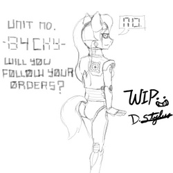 Size: 500x500 | Tagged: safe, artist:devious-stylus, artist:slavedemorto, oc, oc only, robot, anthro, anthro oc, ass, butt, monochrome, solo, wip