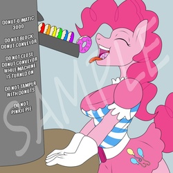 Size: 1000x1000 | Tagged: safe, artist:lil miss jay, pinkie pie, earth pony, anthro, g4, breasts, busty pinkie pie, clothes, donut, dress, eating, female, food, gala dress, solo