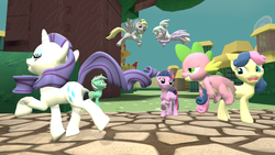 Size: 1024x576 | Tagged: safe, artist:hellhounds04, bon bon, cloudchaser, lyra heartstrings, rarity, spike, sweetie drops, twilight sparkle, alicorn, earth pony, pegasus, pony, unicorn, g4, 3d, female, gmod, mare, twilight sparkle (alicorn)