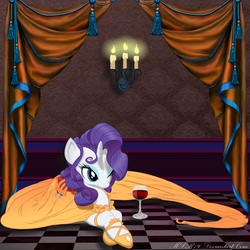 Size: 2000x2000 | Tagged: safe, artist:flutterdash75, artist:sunibee, artist:yanoda, edit, rarity, pony, unicorn, g4, candle, checkered floor, clothes, curtains, dress, female, one eye closed, orange dress, shoes, solo, wine