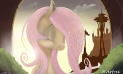 Size: 1024x614 | Tagged: safe, artist:auroriia, fluttershy, pony, g4, bust, crying, eyes closed, female, lens flare, mare, outdoors, sad, solo, stray strand, teary eyes