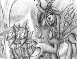 Size: 1600x1226 | Tagged: safe, artist:tsaritsaluna, queen chrysalis, changeling, changeling queen, g4, female, monochrome, traditional art