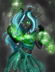 Size: 2000x2600 | Tagged: safe, artist:corelle-vairel, queen chrysalis, changeling, changeling queen, human, g4, female, horn, horned humanization, humanized, magic, smiling, solo