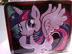 Size: 1024x768 | Tagged: safe, twilight sparkle, alicorn, pony, g4, official, female, irl, lunchbox, mare, merchandise, photo, solo, twilight sparkle (alicorn)