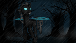 Size: 1280x720 | Tagged: safe, artist:azure-doodle, oc, oc only, oc:tryp, changeling, changeling oc, curved horn, fangs, horn, rain, solo, tree, wet