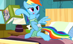 Size: 794x482 | Tagged: safe, screencap, rainbow dash, g4, read it and weep, awkward, awkward moment, bed, book, derp, female, hoof hold, hospital bed, solo