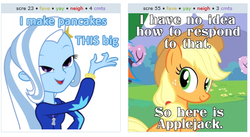 Size: 526x289 | Tagged: safe, screencap, applejack, trixie, derpibooru, equestria girls, g4, my little pony equestria girls, exploitable meme, juxtaposition, juxtaposition win, meme