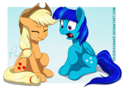 Size: 1019x731 | Tagged: safe, artist:hazurasinner, applejack, oc, earth pony, pegasus, pony, g4, labor, pregnant, sitting