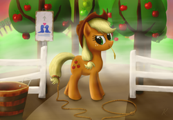 Size: 900x628 | Tagged: safe, artist:everypone, applejack, g4, female, fence, lasso, orchard, rope, solo, tree