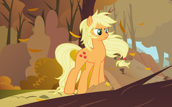 Size: 5133x3208 | Tagged: safe, artist:bigccv, applejack, g4, female, forest, leaves, loose hair, solo, windswept mane