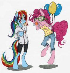 Size: 800x840 | Tagged: safe, artist:xenon, pinkie pie, rainbow dash, pony, semi-anthro, g4, arm hooves, balloon, bipedal, clothes, earring, groucho mask, ponytail, silly, silly pony, tongue out