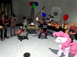 Size: 1024x768 | Tagged: safe, artist:glitchyproductions, pinkie pie, g4, 2fort, balloon, demoman, demoman (tf2), engineer, engineer (tf2), gmod monster, party, pyro (tf2), sniper, sniper (tf2), soldier, soldier (tf2), spy, spy (tf2), team fortress 2