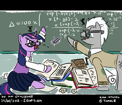 Size: 1280x1105 | Tagged: safe, artist:king-kakapo, covalent bond, twilight sparkle, ambiguous race, earth pony, pony, g4, 30 minute art challenge, book, chalkboard, glasses, magic, math, sweater vest