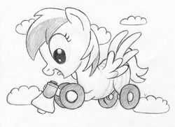 Size: 1371x1000 | Tagged: safe, artist:php87, oc, oc only, oc:wheely bopper, original species, wheelpone, flying, grayscale, megaphone, monochrome, sketch, solo, traditional art
