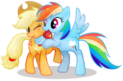 Size: 1493x987 | Tagged: safe, artist:igriega13, applejack, rainbow dash, g4, apple, blushing, female, hat, hooves around shoulder, hug, lesbian, mouth hold, one eye closed, raised hoof, rearing, ship:appledash, shipping, simple background, smiling, spread wings, standing, transparent background, wings