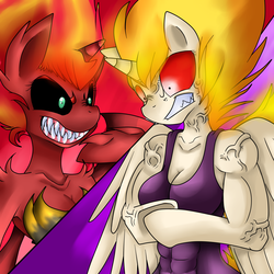 Size: 5000x5000 | Tagged: safe, artist:artsygum, sunset shimmer, twilight sparkle, rapidash, anthro, equestria girls, g4, my little pony equestria girls, abs, absurd resolution, angry, arm hooves, duo, fire head, muscles, rage, rapidash twilight, sunset satan, twilight muscle, vein