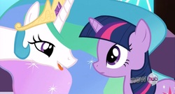 Size: 1363x735 | Tagged: safe, screencap, princess celestia, twilight sparkle, pony, unicorn, g4, the crystal empire, duo, ethereal mane, female, hub logo, hubble, mare, sparkles, unicorn twilight