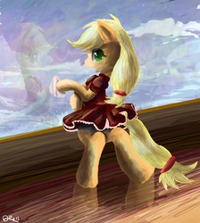 Size: 3244x3627 | Tagged: safe, artist:owlvortex, applejack, earth pony, pony, g4, bipedal, clothes, dress, female, ship, solo, water