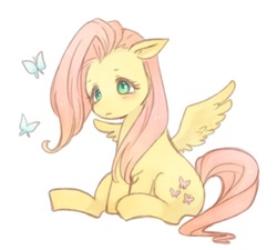 Size: 500x450 | Tagged: safe, artist:watabcotton, fluttershy, butterfly, pegasus, pony, g4, cute, female, pixiv, shyabetes, sitting, solo