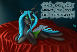 Size: 1500x1000 | Tagged: safe, artist:eltaile, queen chrysalis, changeling, changeling queen, g4, bed, fangs, female, solo