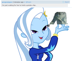 Size: 522x441 | Tagged: safe, trixie, equestria girls, g4, death note, exploitable meme, female, i'll take a potato chip and eat it, light yagami, look what trixie found, meme, potato chips, solo