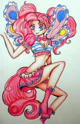 Size: 701x1090 | Tagged: safe, artist:divinekitten, pinkie pie, fairy, human, equestria girls, g4, breasts, cleavage, clothes, fairy wings, fairyized, female, humanized, magic winx, midriff, skinny, skirt, solo, tailed humanization, thin, traditional art, wings, winx club, winxified