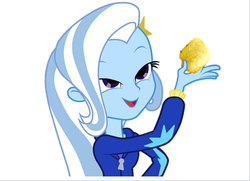 Size: 661x478 | Tagged: safe, trixie, equestria girls, g4, death note, exploitable meme, female, look what trixie found, meme, potato chips, solo