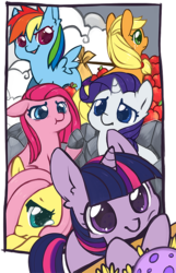 Size: 500x774 | Tagged: safe, artist:mousu, applejack, fluttershy, pinkie pie, rainbow dash, rarity, spike, twilight sparkle, g4, egg, filly, mane seven, mane six, pinkamena diane pie, younger