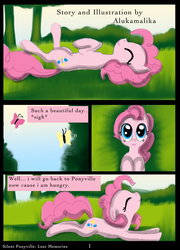 Size: 1262x1754 | Tagged: safe, artist:helenasherzblut, pinkie pie, butterfly, g4, comic, cute, lost memories, on back, sleeping, stretching