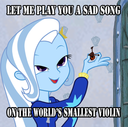 Size: 837x830 | Tagged: safe, trixie, equestria girls, g4, female, look what trixie found, meme, musical instrument, reaction image, reference, solo, spongebob squarepants, squilliam returns, violin, world's smallest violin