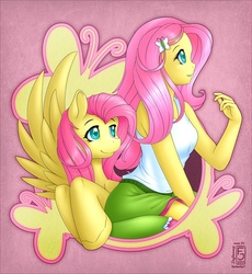 Size: 926x1008 | Tagged: safe, artist:skyheavens, fluttershy, human, pegasus, pony, equestria girls, g4, duo, female, human ponidox, humanized, looking away, looking up, mare, sitting, smiling, turned head