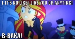 Size: 603x312 | Tagged: safe, snails, snips, sunset shimmer, equestria girls, g4, my little pony equestria girls, baka, grammar, image macro, tsundere, tsunset shimmer