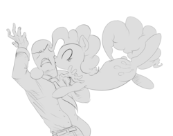 Size: 1263x996 | Tagged: safe, artist:sunibee, pinkie pie, oc, oc:anon, human, g4, angry, kissing, monochrome, shipping