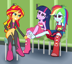 Size: 1067x954 | Tagged: safe, artist:asdf314159265, rainbow dash, sunset shimmer, twilight sparkle, equestria girls, g4, my little pony equestria girls, bare shoulders, barefoot, bondage, boots, chair, crying, fall formal outfits, feet, high heel boots, laughing, lockers, sleeveless, strapless, tears of laughter, tickling