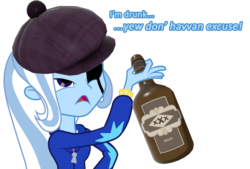 Size: 1110x749 | Tagged: safe, trixie, equestria girls, g4, alcohol, bottle, demoman, demoman (tf2), drunk, drunk trixie, exploitable meme, eyepatch, female, hat, image macro, inverted mouth, look what trixie found, meme, scrumpy, solo, team fortress 2