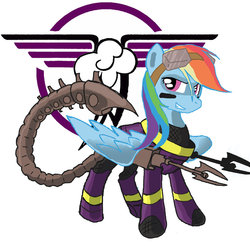 Size: 900x900 | Tagged: safe, artist:tomcullen, rainbow dash, pegasus, pony, fallout equestria, g4, armor, battle saddle, camouflage, clothes, costume, cutie mark background, enclave armor, energy weapon, fanfic, fanfic art, female, gun, hooves, magical energy weapon, mare, ministry mares, ministry of awesome, novasurge rifle, power armor, scorpion tail, shadowbolt armor, shadowbolt dash, shadowbolt power armor, shadowbolts, shadowbolts costume, smiling, solo, teeth, weapon, wings