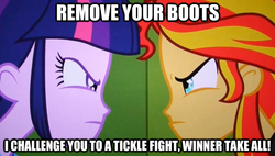 Size: 625x355 | Tagged: safe, edit, sunset shimmer, twilight sparkle, equestria girls, g4, my little pony equestria girls, angry, image macro, tickle fight