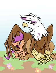 Size: 500x647 | Tagged: safe, artist:magicmaus, gilda, scootaloo, griffon, g4, crying, happy, hug, looking at each other, protecting, sad, winghug