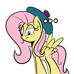 Size: 500x500 | Tagged: dead source, safe, artist:turtlefarminguy, fluttershy, g4, ..., beret, female, hat, reaction image, solo, unamused