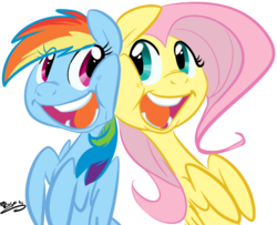 Size: 682x553 | Tagged: dead source, safe, artist:php27, fluttershy, rainbow dash, pegasus, pony, g4, may the best pet win, faic, female, mare, scene interpretation, smiling, squishy