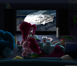 Size: 4200x3600 | Tagged: safe, artist:here-for-the-ponies, gummy, pinkie pie, rainbow dash, pony, g4, back to the future, balloonbutt, behind, bottle, butt, car, couch, cup, dark, delorean, dock, duo, female, food, lesbian, lying down, mare, messy, movie, movie night, pillow, pizza box, plot, popcorn, prone, rainbutt dash, rear view, ship:pinkiedash, shipping, snuggling, television, underhoof