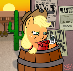 Size: 904x883 | Tagged: safe, artist:xylophon, applejack, g4, apple, apple (company), barrel, female, ipod, solo, wat