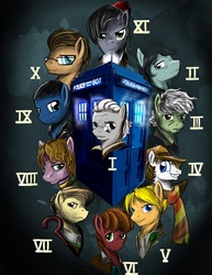 Size: 850x1100 | Tagged: safe, artist:d-lowell, doctor whooves, time turner, earth pony, pony, g4, doctor who, eighth doctor, eleventh doctor, fifth doctor, first doctor, fourth doctor, glasses, ninth doctor, ponified, second doctor, seventh doctor, sixth doctor, tardis, tenth doctor, the doctor, third doctor