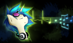 Size: 1600x950 | Tagged: safe, artist:secret-pony, dj pon-3, vinyl scratch, g4, female, headphones, music notes, portrait, solo