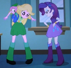 Size: 612x583 | Tagged: safe, screencap, rarity, spike, twilight sparkle, dog, equestria girls, g4, my little pony equestria girls, blonde, clothes, costume, disguise, dressup, instant cosplay surprise, spike the dog, tara strong, twilight strong, voice actor joke, wig